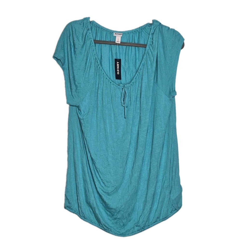 NWT Old Navy Aqua Peasant Blouse Women's Large Short Sleeve Tie Neck Boho Top